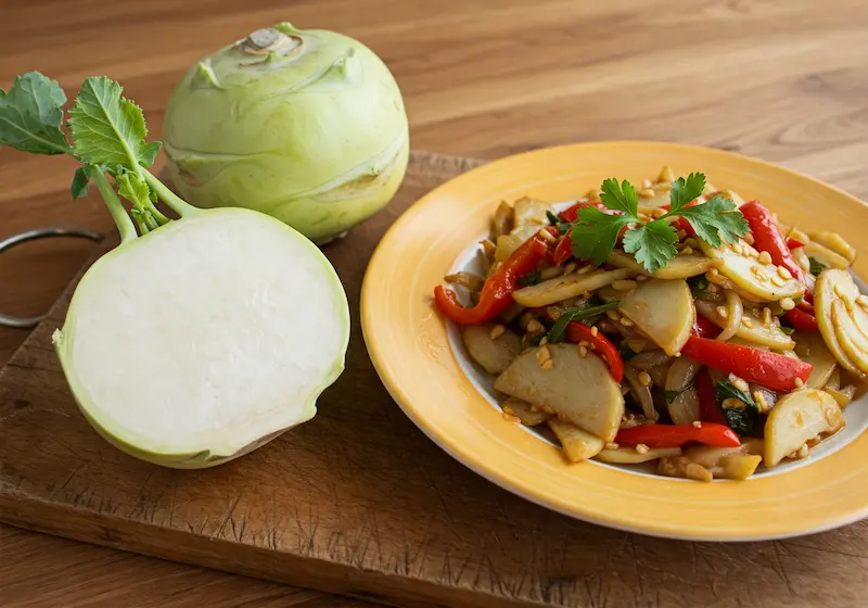 A halved white kohlrabi with crisp flesh visible