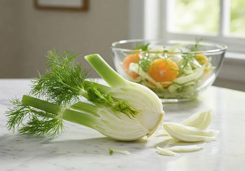 A sliced fennel bulb with its delicate