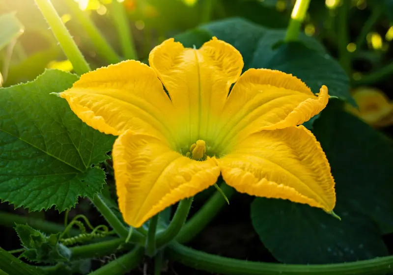 right yellow pumpkin flower on a vine