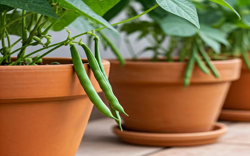 Bush beans growing in medium-sized pots for small spaces