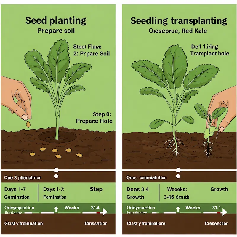 Comparison of growing kale from seeds vs. seedlings with spacing and depth details