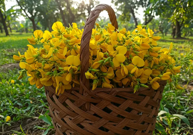 Yellow Sesbania flowers in a basket